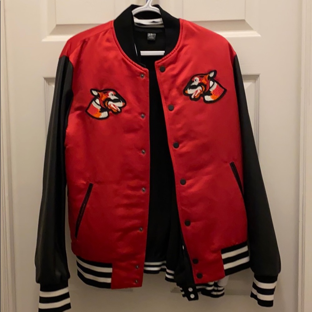 Red Satin Bomber Jacket, Leather Sleeves